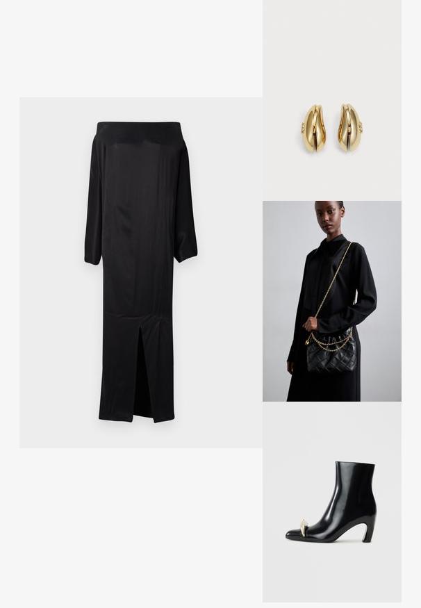 REMAIN BAT SLEEVE DRESS - Maksi garuma kleita - black; Melnas potītes zābaki, izgatavoti no spīdīgas ādas, ar smailu purngalu un dekoratīvu zelta un sudraba akcentu priekšpusē. Bloka papēža dizains.; Melna kvadrātveida ādas rokassomiņa ar salocītu augšu, zelta ķēdes siksnu un taisnstūra formu, turēta pret vienkāršu fona.; Zelta tonis auskari ar plūstošu, izliekta dizaina formu. Katrs auskar ir ar gludu virsmu un nelielu aizdari ar dekoratīvu detaļu.