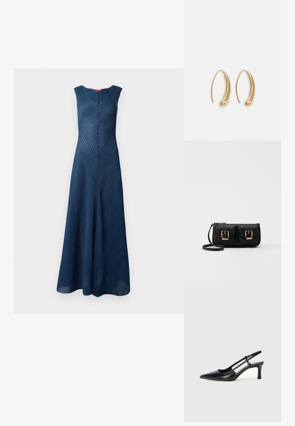 Robe longue sans manches bleu marine avec un motif de rayures verticales texturées et un col en V, offrant une coupe ajustée qui s'évase en bas.; Escarpin slingback en vernis noir avec un bout pointu, présentant un imprimé serpent texturé, une sangle réglable et un petit talon bloc texturé.; Sac en cuir noir porté en travers avec deux poches avant, boucles dorées, fermeture zippée et une sangle fine. Surface texturée et forme rectangulaire compacte.; Boucles d'oreilles en métal doré en forme d'anneau, avec une forme courbée et allongée. Elles présentent une surface lisse et brillante avec une pointe arrondie pour un détail supplémentaire.
