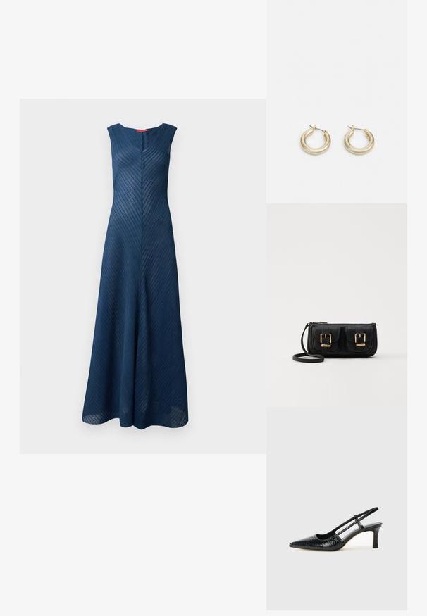 Garais, bez piedurknēm, tumši zils kleita ar tekstūru vertikālām svītrām un V veida dekoltē, ar pielāgotu piegriezumu, kas lejasdaļā paplašinās.; Melna patent āda ar slīdošo papēdi un smailo purngalu, ar teksturētu čūsku drukājumu, regulējamu siksniņu un īsu teksturētu blokpapēdi.; Melnas ādas crossbody soma ar divām priekšējām kabatām, zelta sprādzēm, ar rāvējslēdzēju aizdari un šauru siksnu. Strukturēta virsma un kompakta taisnstūra forma.; Lauren Ralph Lauren BASIC SMALL HOOP - Auskari - gold-coloured