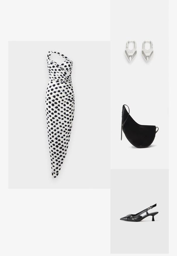 Vestido branco com design de um ombro, adornado com bolinhas pretas, e um corte justo que apresenta detalhes franzidos ao longo do lado.; Sapato slingback em couro preto com biqueira fina, tiras decorativas com ilhós de metal e um pequeno salto quadrado. Superfície texturizada.; Mala de mão em couro preto com uma forma de lua curva, apresentando uma alça fina e uma discreta marcação dourada na frente. Textura suave com hardware mínimo.; Cadeados em forma de coração prateados com inscrições gravadas "SIM" e "NÃO", acabamento polido, design simétrico e um fecho de metal robusto.