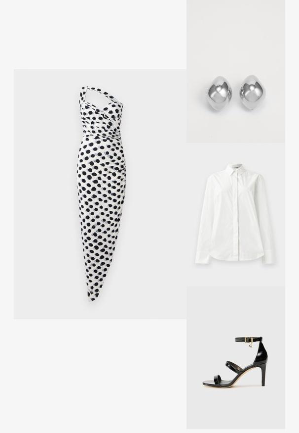 Bílé šaty s asymetrickým designem na jedno rameno, zdobené černými puntíky, s upnutým střihem a nařasenými detaily po straně.; Bílá bavlněná košile s dlouhým rukávem, špičatým límcem, zapínáním na knoflíky vpředu a zaobleným lemem. Hladká textura, klasický střih a žádné vzory.; Černé lakované kožené sandály se třemi pásky, sponou na kotníku a 10 cm jehlovým podpatkem. Obsahují zlaté kovové detaily a logo přívěsek.; Stříbrné kovové náušnice s hladkým, zaobleným tvarem, s leštěným povrchem a odrazivým leskem. Minimalistický design bez ozdob.