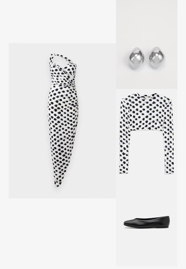 Biała sukienka z jednym rękawem, ozdobiona czarnymi kropkami, o dopasowanym kroju z marszczeniami po bokach.; Krótką bluzkę z długim rękawem z elastycznego białego materiału z czarnym wzorem w kropki, o gładkiej fakturze i okrągłym dekolcie.; Paul Smith TOPANGA czarny; Srebrne kolczyki metalowe o gładkim, zaokrąglonym kształcie, z polerowanym wykończeniem i lustrową powierzchnią. Minimalistyczny design bez zdobień.