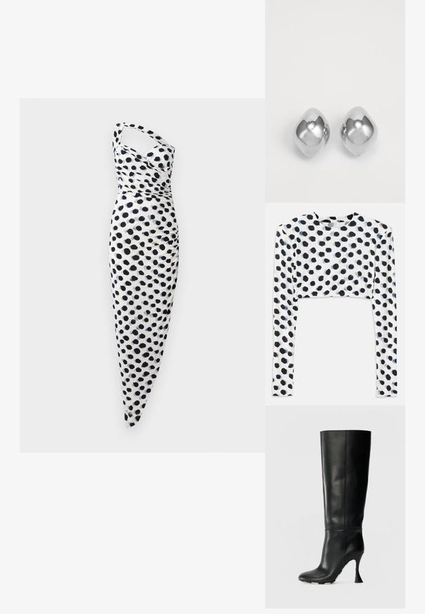Balta kleita ar vienu plecu, rotāta ar melniem punktiņiem, ķermeni piegulošs piegriezums ar savākšanas detaļām sānos.; Sagriezta garām piedurknēm topa daļa stiepjama baltā audumā ar melnu punktiņu dizainu, ar gludu tekstūru un apaļu apkakli.; Melnas ādas potītes zābaki līdz ceļiem ar pieguļošu šuvi un smailu purngalu. Iekļauj izteiksmīgu līkumu papēdi un gludu teksturētu virsmu.; Sudraba metāla auskari ar gludu, noapaļotu formu, kas izceļas ar pulētu apdari un atstarojošu virsmu. Minimālistisks dizains bez rotājumiem.