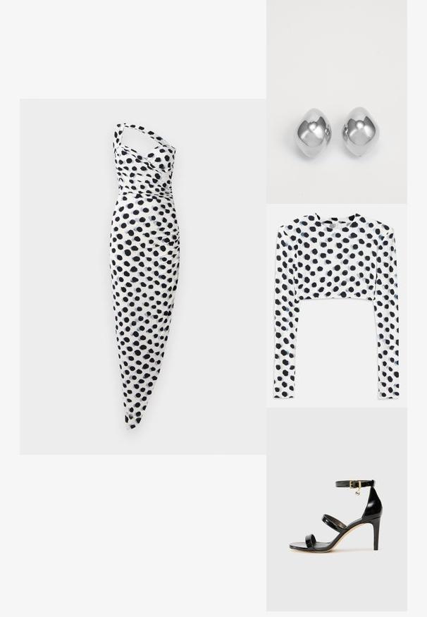 Valkoinen mekko, jossa on olkaimeton muotoilu, koristeltu mustilla pilkuilla, ja vartaloa myötäilevä istuvuus, jossa on poimittuja yksityiskohtia sivussa.; Lyhythihainen toppi joustavasta valkoisesta kankaasta, jossa on mustia pilkkuja, sileä pinta ja pyöreä pääntie.; Musta patentoitu nahkasandaali, jossa on kolme hihnaa, nilkkasolki ja 4 tuuman stiletto-korko. Varustettu kultaisilla yksityiskohdilla ja logokoristeella.; Hopeakkorvakorut, joissa on sileä, pyöreä muoto, kiiltävä pinta ja heijastava pinta. Minimalistinen muotoilu ilman koristeita.