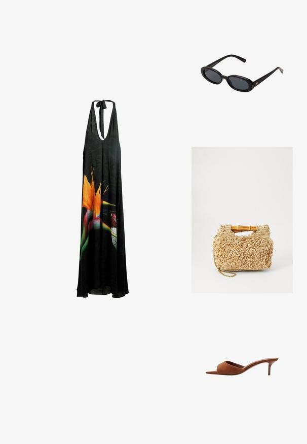 Schwarzes Maxikleid mit Halfter, das einen tiefen V-Ausschnitt, ein Blumenmuster mit lebendigen orangefarbenen und grünen Details sowie einen leichten, fließenden Stoff aufweist.; Braune Wildleder-Pantoletten mit offenen Zehen und einem geschwungenen Design, ausgestattet mit einem niedrigen Stiletto-Absatz und glatten, minimalistischen Linien.; Schwarze, oversized Sonnenbrillen mit ovalen Gläsern, glattem Kunststoffrahmen und goldenen Akzenten an den Bügeln. Die dunklen Gläser bieten Sonnenschutz.; Geflochtene Strohtasche mit Bambusgriffen, ausgestattet mit einem strukturierten Fransen-Design in natürlichem Beige und einem goldenen Kettenriemen.
