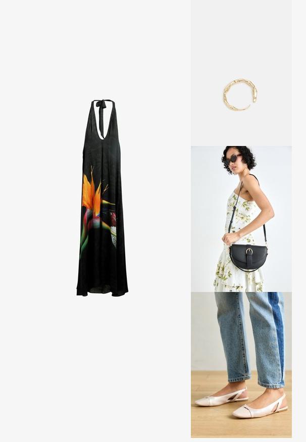 Schwarzes Maxikleid mit Halfter, das einen tiefen V-Ausschnitt, ein Blumenmuster mit lebendigen orangefarbenen und grünen Details sowie einen leichten, fließenden Stoff aufweist.; Blassrosa Slingback-Ballerinas mit spitzem Punkt, aus einem glatten, lederähnlichen Material. Mit Ausschnitten an den Seiten und einem flachen Absatz.; Schwarze Lederhandtasche mit geschwungener Form, abnehmbarem Tragegurt und goldenen Beschlägen. Die Tasche verfügt über einen Deckel mit einer Schnallen-Details.; Goldfarbener Ring mit einem organischen, gedrehten Design, glatter Oberfläche und sich verjüngenden Enden, was ein modernes, skulpturales Erscheinungsbild erzeugt.