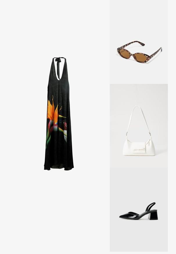 Fekete, nyakban megkötős, maxi ruha mély V-kivágással, virágmintával, élénk narancssárga és zöld részletekkel, valamint könnyű, lágy anyagból készült.; Fekete lakk bőr szandálkés magas sarkú cipő, hegyes orral és geometrikus tömbsarkakkal. Karcsú, minimalista dizájn és sima textúra jellemzi.; Teknősbéka mintás napszemüveg, ovális lencsékkel, barna árnyalatú, vékony karokkal, amelyek texturált mintával rendelkeznek, könnyű műanyag keret.; Fehér szintetikus kézitáska, háromszög alakú, lapos előlap, masni részlettel, állítható pánttal, sima textúrával és minimalista dizájnnal.