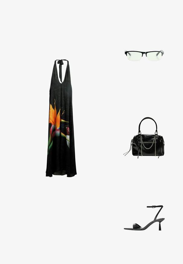 Sort halterneck maxikjole med dyb V-hals, blomsterprint med livlige orange og grønne detaljer samt et let, svalende stof.; Bershka Højhælede sandaletter / Højhælede sandaler - black; Sorte rektangulære briller med klare linser, der har slanke sorte stel og grå transparente brillestænger. Minimalistisk design, ingen synlig branding.; Bershka WITH CHAIN - Håndtasker - black