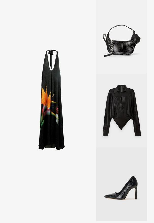 Musta halterneck-maksimekko, jossa on syvä V-pääntie, kukkakuvio, jossa on kirkkaan oransseja ja vihreitä yksityiskohtia, sekä kevyt, valuva kangas.; Musta catsuit pitkillä hihoilla, V-pääntiellä ja tiukalla siluetilla. Valmistettu kiiltävästä, sileästä kankaasta, jossa on jämäkkä kaulus ja hihansuut.; Musta kapea nilkkakorkokenkä krokotiilin nahkakuviolla, joka on varustettu tyylikkäällä muotoilulla, korkealla stiletto-korkealla ja sileällä mustalla sisäosalla.; Musta käsilaukku, jossa on niittikoristeet, ketjuhihna ja sileä nahkakahva, pyöreä muoto ja vetoketjullinen osasto.