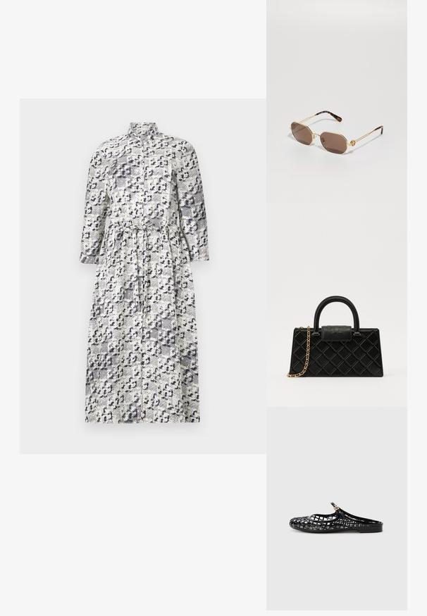 Rochie camasa cu maneci lungi, albă și bleumarin, cu un model de imprimeu leopard, având guler în picioare și o talie strânsă pentru o siluetă ajustată.; Tory Burch MELLOW MARY JANE - Papuci - perfect black/gold; Tory Burch Ochelari de soare - shiny gold-coloured; Geantă de mână neagră din piele texturată, cu un model în diamant, curea din lanț cu ton auriu și un mânere superior cu o închidere cu clapetă embosată cu logo.