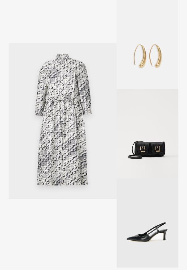 Valkoinen ja laivastonsininen pitkähihaisuus mekko, jossa on leopardikuosis, seisova kaulus ja vyötäröllä kireä muoto.; Musta patent slingback-kiilakorko teräväkärkisellä muotoilulla, jossa on teksturoitu käärmeennahkakuosi, säädettävä remmi ja lyhyt, teksturoitu blokkiheel.; Musta nahkainen olkalaukku, jossa on kaksi etutaskua, kultaiset soljet, vetoketjukiinnitys ja kapea hihna. Teksturoidun pinnan ja kompaktin suorakaiteen muoto.; Korvakorut kultasävytteistä metallista, joissa on kaareva, pitkänomainen muoto. Ominaisuuksiin kuuluu sileä, kiiltävä pinta ja pyöreä kärki lisäyksinä.