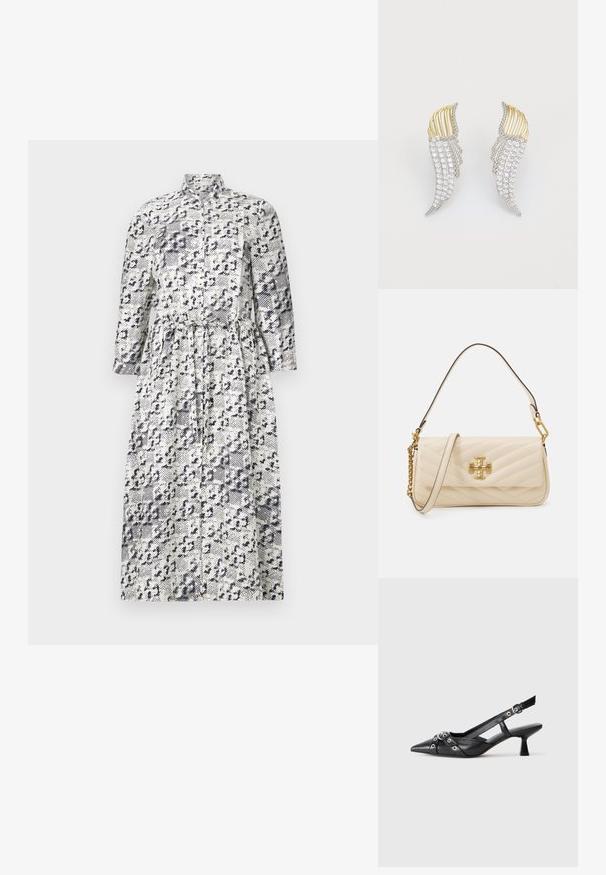 Dlouhá košilová šaty s dlouhým rukávem v bílé a námořnické modré barvě s leopardím vzorem, s stojáčkovým límcem a zúženým pasem pro přiléhavý tvar.; Černé kožené slingback boty s špičatou špičkou, dekorativními pásky s kovovými očky a nízkým blokovým podpatkem. Texturovaný povrch.; Prošívaná krémová kabelka se zlatým logem, s řetízkovým a koženým popruhem. Strukturovaný design a hladká textura s diagonálním prošíváním.; Dvoje náušnic ve tvaru křídel, vyrobené ze stříbrně tónovaného kovu s čirými kulatými kamínky a zlatě tónovanými akcenty v vrstveném designu.
