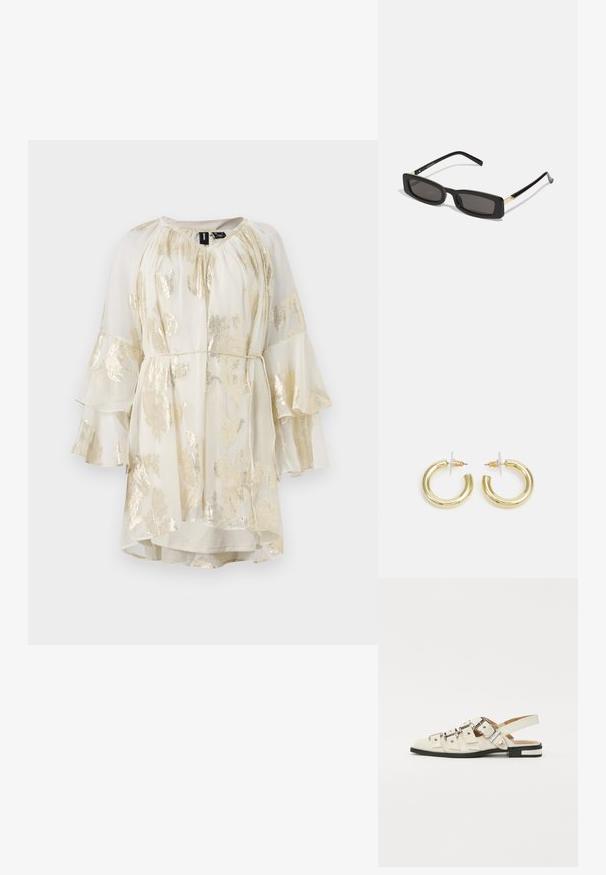 Ľahké krémové šaty so zlatým kvetinovým vzorom, so rozšírenými rukávmi a zhrnutým výstrihom. Majú viazanie v páse pre prispôsobiteľné nosenie.; Sandalové topánky so zapínaním vzadu z bielej kože s viacerými širokými popruhmi a striebornými prackami; plochá podrážka s malým čiernym podpätkom a metalickými akcentmi.; Čierne obdĺžnikové slnečné okuliare s tmavými šošovkami, lesklými plastovými rámami a zlatými akcentmi na spánkoch. Minimalistický dizajn a štíhly tvar.; Zlaté kruhové náušnice s hladkým, lesklým povrchom. Cirkulárny dizajn s malým steblom a jasným záznamom pre bezpečné nosenie.