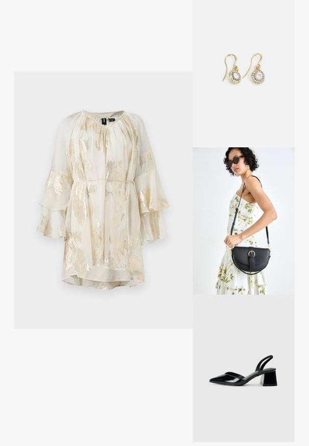 Lengvas kreminės spalvos suknelė su auksiniu gėlių raštu, platėjančiomis rankovėmis ir raukininiu iškirpimu. Yra raištelis juosmenyje, leidžiantis reguliuoti tinkamumą.; Juodos lakuotos odinės šlepetės su smailiu pirštu ir geometriniu bloko kulnu. Turi elegantišką, minimalistinį dizainą ir lygų paviršių.; Juodas odinis krepšys su išlenkta forma, nuimamu dirželiu ir auksiniais detalėmis. Krepšys turi kilpą su sagtimi.; Aukso spalvos auskarai su ovalo formos skaidriais kristalais, apjuostais mažesniais skaidriais akmenukais, su kabliuko dizainu, užtikrinančiu saugų dėvėjimą.