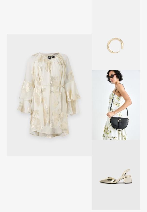 Lengvas kreminės spalvos suknelė su auksiniu gėlių raštu, platėjančiomis rankovėmis ir raukininiu iškirpimu. Yra raištelis juosmenyje, leidžiantis reguliuoti tinkamumą.; Auksiniai, metaliniai slingback aukštakulniai bateliai su smailiu pirštu ir masyviu kulnu. Lygus paviršius, minimalizmo dizainas ir siaura juostelė.; Juodas odinis krepšys su išlenkta forma, nuimamu dirželiu ir auksiniais detalėmis. Krepšys turi kilpą su sagtimi.; Auksinės spalvos žiedas, turintis organišką, sukimosi dizainą su lygiu paviršiumi ir siaurėjančiais galais, sukuriantis modernią skulptūrinę išvaizdą.