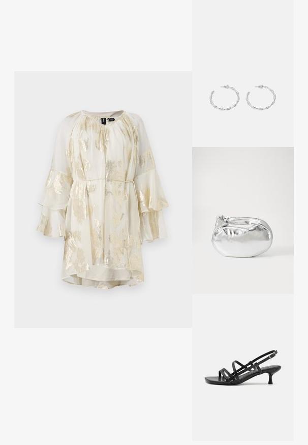 Kerge, kreemjas kleit kuldsete lillemuster, laiad varrukad ja volangiga kaelus. Vöökoht on seotud, võimaldades reguleerida sobivust.; Mustad musta kandaga sandaalid, millel on mitmed risti minevad rihmad. Sile materjal, terav nina ja kitsas konts. Reguleeritav pahkluuri rihm klambriga.; Hõbedane metallikoti kott pehme, ümar kuju ja sõlme ülemise sulgemisega. Valmistatud siledast kunstnahast materjalist.; Hõbedased rõngaskõrvarõngad keerutatud disainiga, millel on poleeritud viimistlus ja posti-tagune sulgemine. Diameeter umbes 3 cm.