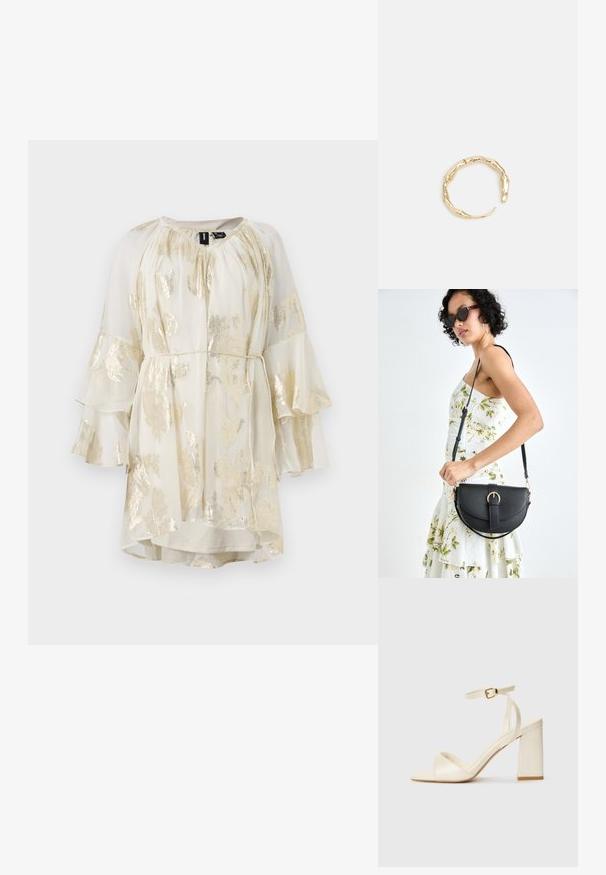 Lengvas kreminės spalvos suknelė su auksiniu gėlių raštu, platėjančiomis rankovėmis ir raukininiu iškirpimu. Yra raištelis juosmenyje, leidžiantis reguliuoti tinkamumą.; Kreminės spalvos aukštakulniai sandalai su atvira nosimi, storu blokuotu kulnu, plona kulkšnies juosta ir subtiliu blizgesiu. Žakardo akcentas ant juostos.; Juodas odinis krepšys su išlenkta forma, nuimamu dirželiu ir auksiniais detalėmis. Krepšys turi kilpą su sagtimi.; Auksinės spalvos žiedas, turintis organišką, sukimosi dizainą su lygiu paviršiumi ir siaurėjančiais galais, sukuriantis modernią skulptūrinę išvaizdą.