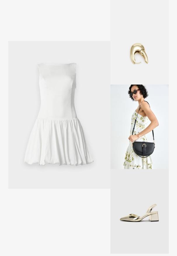 White sleeveless dress with a fitted bodice and gathered flared skirt. Smooth texture with a soft drape. No visible patterns or hardware.; Gold, metallic slingback heels with a pointed toe and chunky heel. Smooth texture, minimalistic design, and a narrow strap.; Black leather handbag with a curved shape, detachable strap, and gold hardware. The bag features a flap with a buckle detail.; Gold-tone metal earring with a sleek, curved design. Features a distinctive pointed shape, polished surface, and hinge closure.