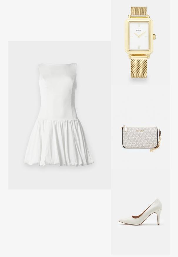 Balta bez piedurknēm kleita ar pieguļošu bodiji un savelkamu, platu svārku. Gluda tekstūra ar maigu kritumu. Nav redzamu rakstu vai metāla detaļu.; Balti lakoti ādas augstpapēžu kurpes ar smailu purngalu un gludu virsmu, ar plānu papēdi un zemu griezumu ap atveri.; Michaela Korsa rokassomi bez̦ā īšojuma, kas izgatavota no apklāta kanvas, iekļaujot atkārtotu MK logotipa rakstu, zelta aparatūru un noņemamu ķēdes siksnu.; Zelts taisnstūra forma pulkstenis ar baltu seju, minimālistiskiem stundu atzīmēm un metāla tīkla siksniņu. Iekļauts sānu kronis laika regulēšanai.