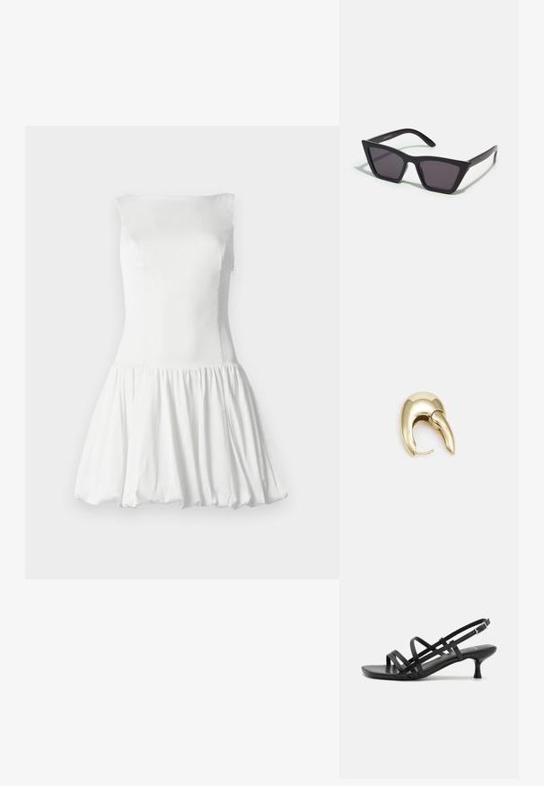 Vit ärmlös klänning med en åtsittande byst och en volangerad kjol. Slät yta med mjuk fall. Inga synliga mönster eller beslag.; Svarta klacksandaler med flera korsande remmar. Slät material, spetsig tå och smal klack. Justerbar vristrem med spänne.; Svarta, vinklade solglasögon med grå linser; tillverkade av plast, med tjocka skalmar med en slät yta och utan synlig hårdvara.; Örhänge i guldtonad metall med en elegant, böjd design. Har en distinkt spetsig form, polerad yta och gångjärnslås.