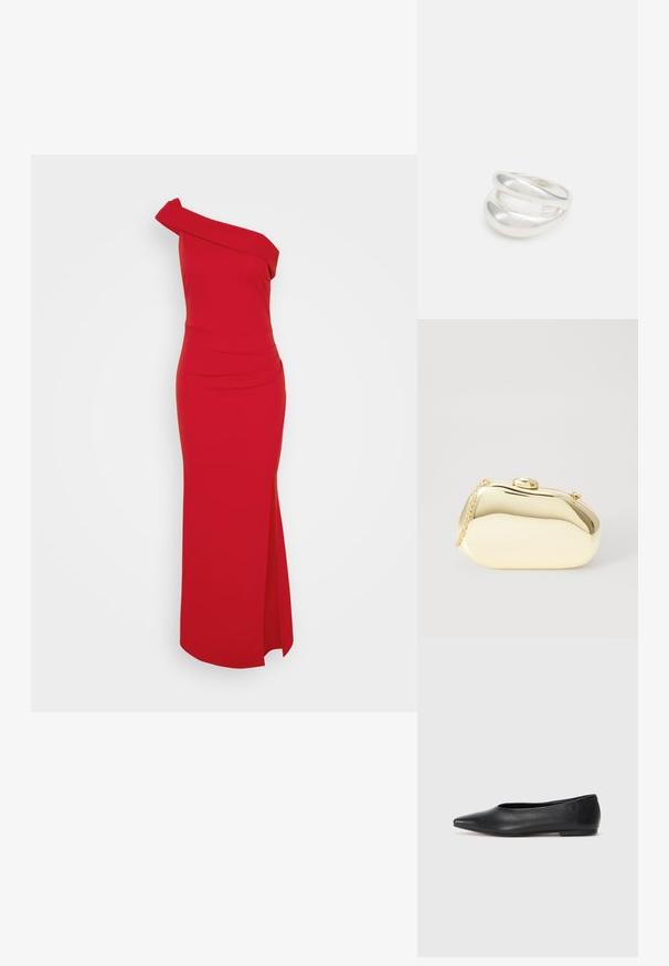 Sarkans, vienas pleca kleita ar piegulošu siluetu, sānu šķēlumu un drapētu akcentu uz apkakles, izgatavota no gludas auduma.; Melna ādas baleta kurpe, ar norādītu purngalu, minimālisma dizains, gluda tekstūra, zema papēža augstums, bez redzamiem aksesuāriem vai rotājumiem.; Metāliska zelta maciņš ar gludu, noapaļotu formu, aprīkots ar augšējo pogu aizdari un mazu ķēdes siksniņu ērtai nēsāšanai.; Sudraba divu joslu gredzens ar gludu, pulētu virsmu. Iezīmējas ar plūstošu, izliekta dizaina struktūru ar pārklājošām sekcijām modernam izskatam.