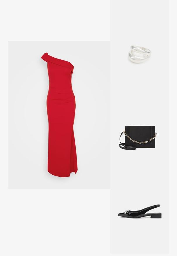 Červené jednoramenné šaty s priliehavou siluetou, postranným rozparkom a drapériou na výstrihu, vyrobené z hladkej látky.; Čierne lakované kožené slingback topánky s špicatou špičkou, so striebornými detailmi a nízkym blokovým opätkom. Hladký, lesklý povrch celého modelu.; Čierna kožená crossbody taška s hladkou textúrou, obdĺžnikovým tvarom a kovovým reťazovým detailom na prednej strane. Súčasťou je nastaviteľný popruh.; Strieborný prsteň s dvojitým pásikom s hladkým, lesklým povrchom. Má plynulý, zakrivený dizajn s prekryvajúcimi sa časťami pre moderný vzhľad.