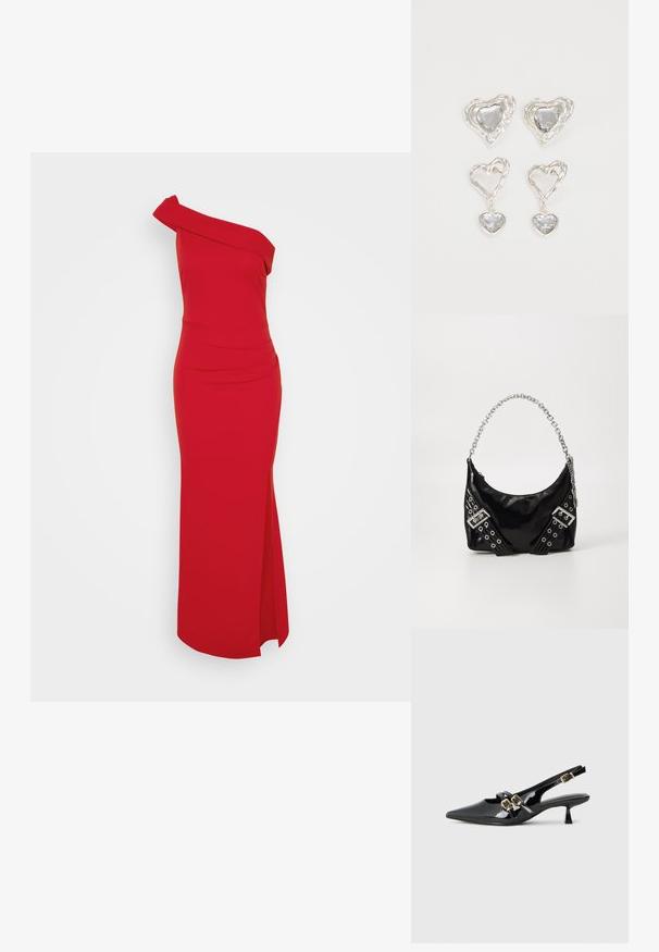 Vestido vermelho de um ombro, com silhueta ajustada, fenda lateral e detalhe drapeado no decote, feito de tecido suave.; Sapatos de salto alto em verniz preto com bico pontudo, duas tiras com fivelas douradas e um salto baixo. Textura suave.; Saco de mão de pele sintética preta com alça de corrente prateada brilhante, apresentando tiras decorativas e ilhós metálicos. Forma elegante e curva.; Os brincos em forma de coração prateados apresentam pedras claras facetadas, com uma moldura texturizada. O conjunto inclui estilos de botão e de gota.