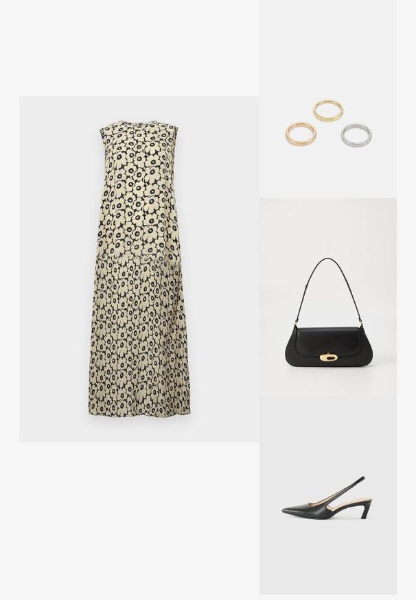 Rochie fără mâneci, cu flori, în nuanțe de crem și bleumarin, având un model îndrăzneț de flori, croi lejer și lungime până la genunchi. Material ușor.; Pantof cu toc mic, cu vârf ascuțit și slingback, realizat din piele netedă, având un design decupat pe lateral pentru respirabilitate.; Geantă de mână din piele neagră, cu un design curbat, accesorii de culoare aurie și un mâner de sus. Dispune de o închidere elegantă și o textură netedă.; Trei inele din metal: unul roz aurie, unul auriu cu accente texturate și unul argintiu, toate cu branding gravat pe banda interioară.