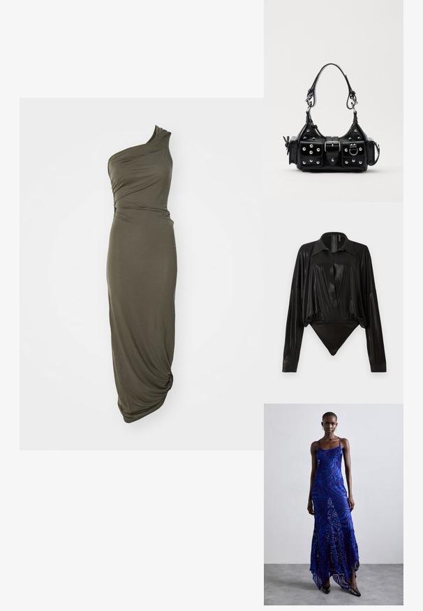 Jednobarevné olivově zelené šaty na jedno rameno vyrobené z měkké tkaniny, s drapovaným designem a nabíraným detailem na bocích, vytvářejícími plynulou siluetu.; Černý body s dlouhými rukávy, výstřihem do V a přiléhavým střihem. Vyrobeno z lesklého, hladkého materiálu se strukturovaným límcem a manžetami.; Modré a fialové maxi šaty s potiskem zvířecí srsti, tenkými ramínky, přiléhavým živůtkem, rozšířeným spodním lemem a průhlednými detaily.; Černá kožená kabelka s křivkovým designem, zdobená stříbrnými hřebíky, s přezkou a dvěma bočními kapsami. Nastavitelný popruh pro různé možnosti nošení.