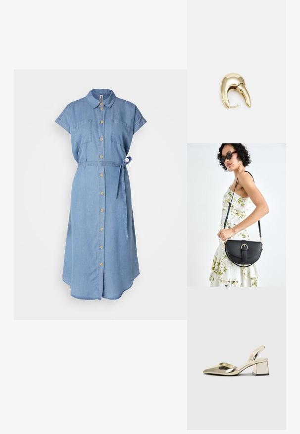 Lys blå denimkjole med korte oppbrettede ermer, knapper foran, to brystlommer og et stoffbelte i midjen.; Gull, metallisk slingback-hæler med spiss tå og chunky hæl. Glatt tekstur, minimalistisk design og en smal stropp.; Svart lærveske med en buet form, avtagbar stropp og gullbeslag. Vesken har et klaff med spenne-detall.; Gullfarget metalløredobber med et elegant, buet design. Har en karakteristisk spiss form, polert overflate og hengsel-lukking.