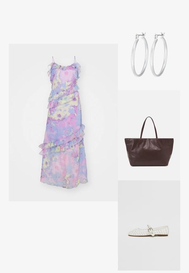 Cras DRESS - Maksi suknelė - blue/pink; Balti plokšti batai su smailiu nosiu, puošti sidabrinėmis smeigėmis, turi sagtį per pėdos vidurį ir šviesiai rudą padą.; Rudos pintos odinės rankinės su dviem rankenomis, struktūrine forma ir tekstūruotu paviršiumi, kuriame yra deimantiniai raštai.; Sidabriniai auskarai su sklandžiu, poliruotu paviršiumi. Apvalios formos ir saugus uždarymo mechanizmas. Lengvas dizainas, tinkantis kasdieniam dėvėjimui.