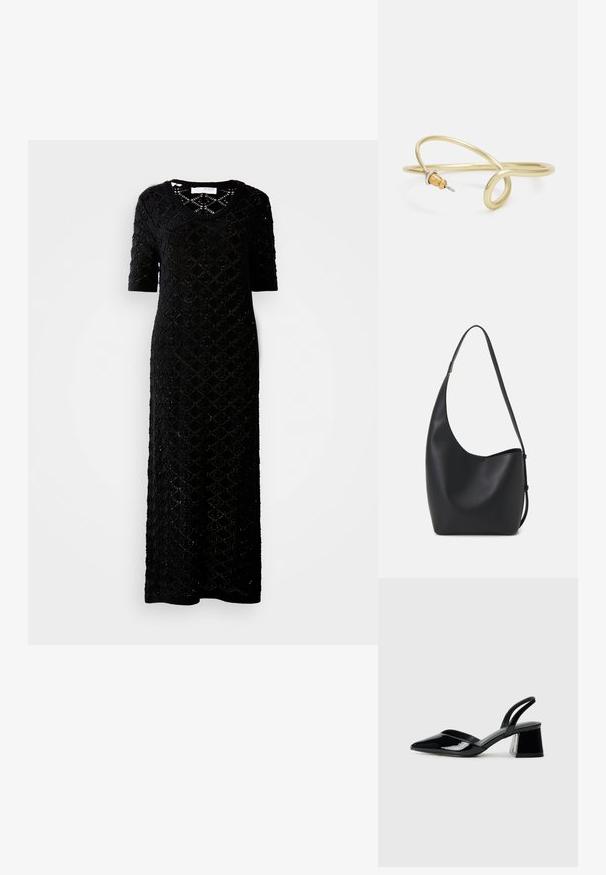 Črna obleka do kolen z pletenim, odprtim vzorcem, ki prikazuje rombaste oblike. Kratki rokavi in okroglo izrez. Mehek tekstura.; Črne lakirane slingback pete s koničastim nosom in geometrijsko blokasto peto. Imajo eleganten, minimalističen dizajn in gladko teksturo.; Črna usnjena hobo torba z gladko teksturo, ukrivljeno obliko in eno nastavljivo naramnico; ima širok odprtina na vrhu.; Zlato obarvan kovinski zapestnica s tekočim, ukrivljenim dizajnom. Ima majhen, izstopajoč srebrn poudarek na enem koncu.