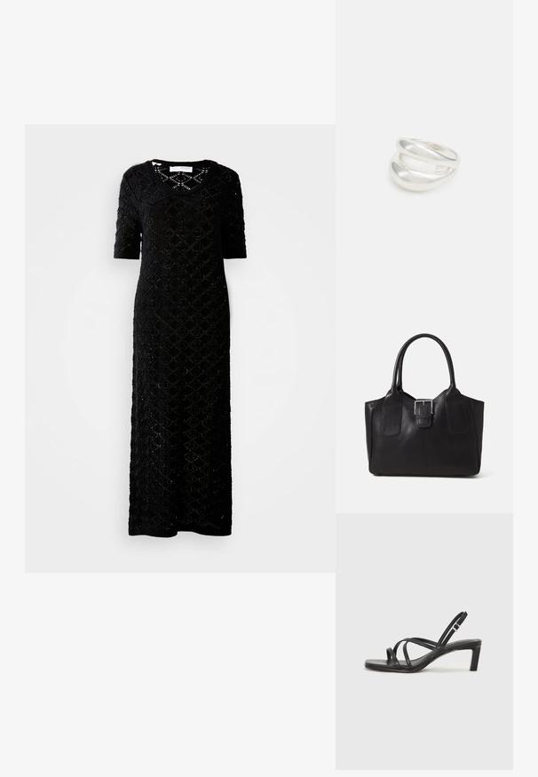 Črna obleka do kolen z pletenim, odprtim vzorcem, ki prikazuje rombaste oblike. Kratki rokavi in okroglo izrez. Mehek tekstura.; Črne natikače s trakovi in kvadratnim prstom ter nizkim blokastim peto. Imajo več tankih trakov in nastavljiv trak okoli gležnja. Narejene so iz gladkega usnja.; Črna usnjena torba s gladko teksturo, strukturirano obliko, dvema ročkama in izrazitim srebrnim sponko na sprednji strani.; Srebrn dvojni prstan z gladko, polirano površino. Ima tekoč, ukrivljen dizajn z prekrivajočimi se sekcijami za sodoben videz.; Srebrn dvojni prstan z gladko, polirano površino. Ima tekoč, ukrivljen dizajn z prekrivajočimi se sekcijami za sodoben videz.