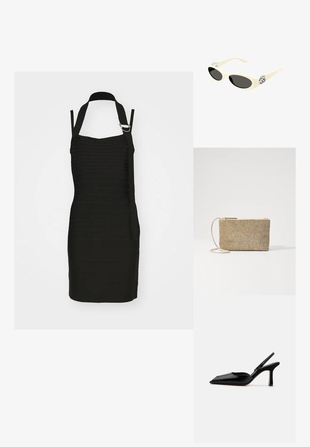 Černé šaty s horizontálními sklady, designem na halter, a bočním popruhem s perleťovým akcentem. Krátká, přiléhavá silueta.; Černé kožené slingback podpatky s špičatou špičkou, minimalistický design, tenký popruh kolem kotníku a štíhlý jehlový podpatek. Hladká textura.; Námořnické sluneční brýle krémové barvy s oválnými skly, černým zabarvením a kovovými logovými akcenty na spáncích. Hladký povrch, design ve stylu kočičích očí.; Loeffler Randall YASMINE FLAT CLUTCH - Taška s příčným popruhem - gold