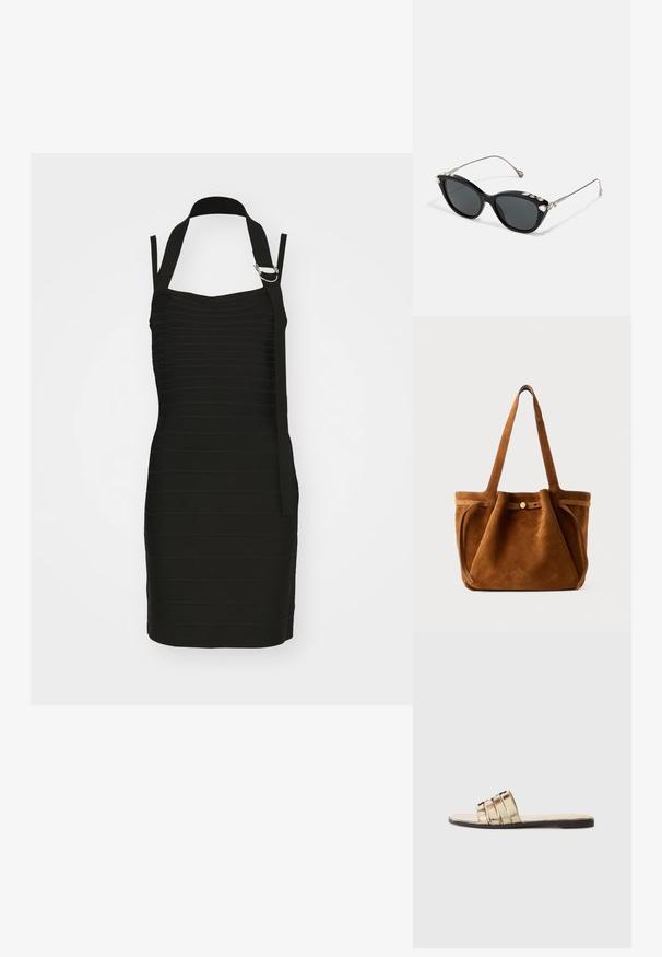 Juoda suknelė su horizontaliomis klostėmis, halter tipo dekoltė ir šoninė petneša su sidabriniu akcentu. Trumpa, prigludusi siluetas.; Auksinės šlepetės su trimis horizontaliomis juostelėmis. Plokščias padas ir lygus medžiagos tekstūra, turinčios atvirą pirštų dizainą.; Juodos katės akys akiniai su pilkais lęšiais, metaliniu rėmu ir dekoratyvinėmis strazdotėmis išilgai viršutinio krašto. Minimalistinis dizainas su stilingomis linijomis.; Rudas suedes rankinė su dviem rankenomis, mygtuko uždarymo dirželiu ir atsipalaidavusia, šiek tiek nulinkusia forma.