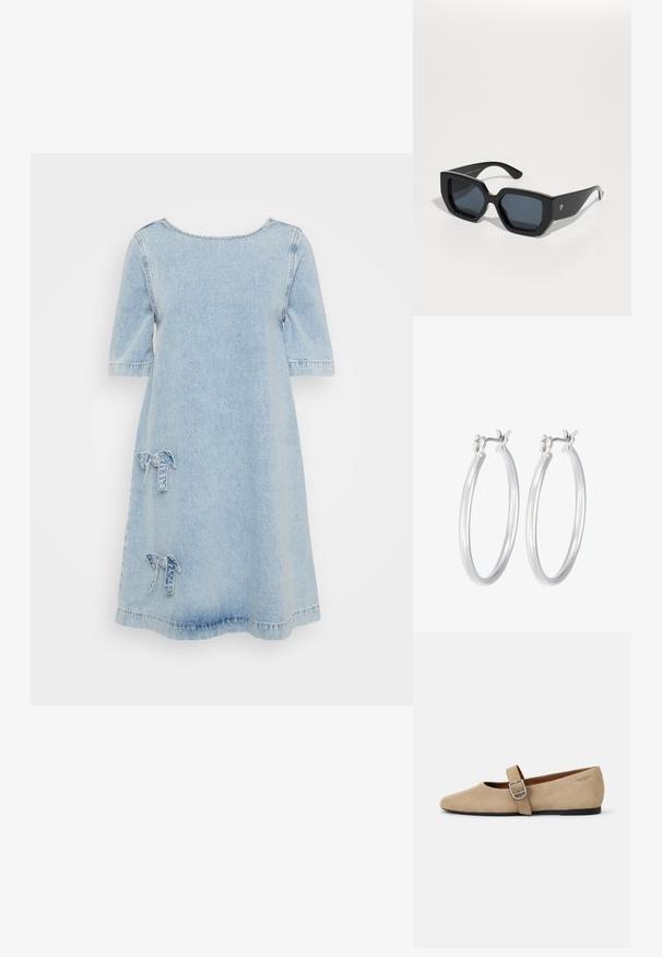 Svijetloplavi traper haljina s kratkim rukavima, okruglim izrezom i dva dekorativna mašnica na prednjoj strani. Ležeran i opušten dizajn.; Bež suède Mary Jane balerinke s oštrim vrhom i jednim podesivim remenom sa srebrnom kopčom. Crna ravna potplat.; Crne prevelike sunčane naočale s geometrijskim dizajnom, pravokutnim lećama i sjajnom završnom obradom. Nema vidljivog brendiranja sprijeda.; Srebrne kružne naušnice s glatkom, poliranom površinom. Okrugli oblik i sigurno kopčanje na klik. Lagani dizajn pogodan za svakodnevno nošenje.