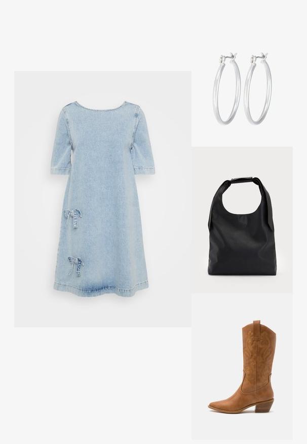 Gaiši zils džinsu kleita ar īsām piedurknēm, apaļu dekoltē un divām dekoratīvām lentēm priekšpusē. Ikdienišķs un brīvs dizains.; Brūni ādas kovboju zābaks ar norādītu purngalu, izšūtām viļņveida apakšējo detaļu un sakrautajiem blokiem. Iezīmēts ar velkšanas cilpu ērtai uzvilkšanai.; Melnas ādas rokassoma ar plašu atvērtu augšu un vienu plecu siksnu. Mīksta tekstūra, minimāls dizains, ar smalkiem metāla aksesuāriem.; Sudraba riņķveida auss gredzeni ar gludu, pulētu apdari. Apaļa forma un drošs klikšķa augšējais slēgums. Viegls dizains, kas piemērots ikdienas valkāšanai.