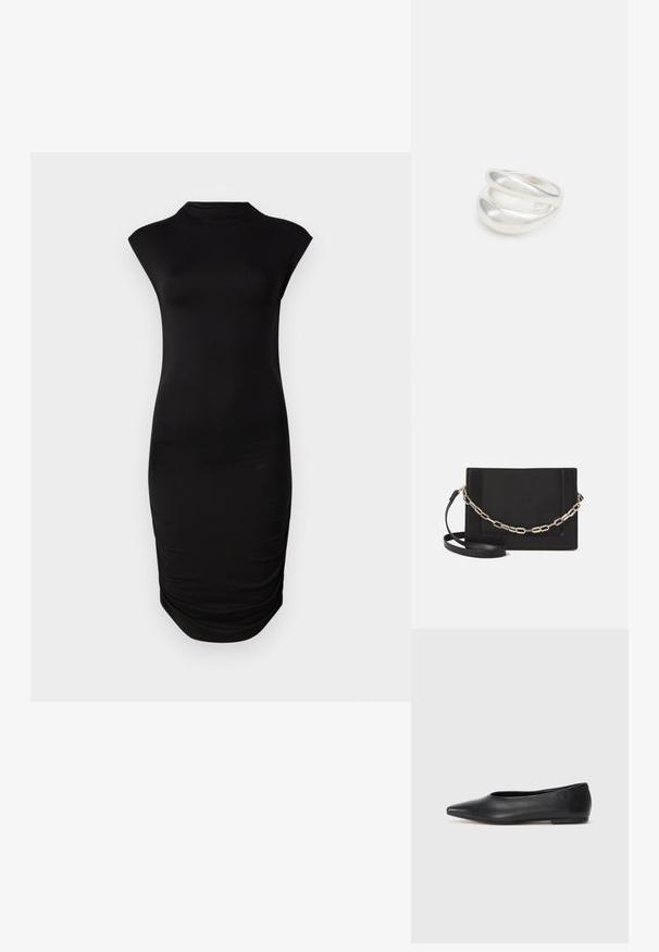 Črna brezrokavna obleka iz gladkega materiala, z visokim ovratnikom in telesno prilegajočim krojem, ki ima naborke na strani.; Črne usnjene balerinke, koničast toe, minimalističen dizajn, gladka tekstura, nizka peta, brez vidnih kovinskih delov ali okraskov.; Črna usnjena torba čez ramo z gladko teksturo, pravokotno obliko in kovinskim verižnim detajlom spredaj. Vključena je nastavljiva naramnica.; Srebrn dvojni prstan z gladko, polirano površino. Ima tekoč, ukrivljen dizajn z prekrivajočimi se sekcijami za sodoben videz.