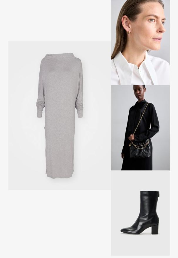 Jasnoszara, długa sukienka z długim rękawem, wykonana z miękkiego, teksturowanego materiału. Posiada szeroki dekolt i boczne rozcięcia dla komfortu i swobody ruchów.; Czarne skórzane botki za kostkę z wydłużonym noskiem i 4-centymetrowym słupkowym obcasem. Smukły design z bocznym zamkiem ułatwiającym zakładanie. Gładka tekstura.; Czarna pikowana skórzana torebka z marszczonym topem, złotym łańcuchem oraz prostokątnym kształtem, trzymana na jednolitym tle.; Złota kolczyk w kształcie obręczy z małym dekoracyjnym akcentem w postaci gemu. Noszony przez modelkę z prostymi włosami, w zestawie z białą koszulą z kołnierzykiem.