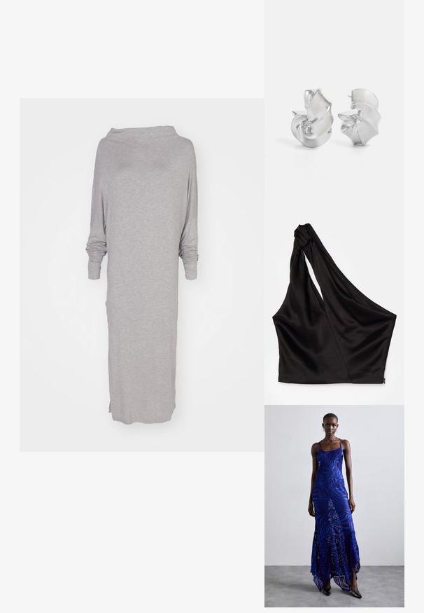 Vaaleanharmaa, pitkähihainen mekko, joka on valmistettu pehmeästä, teksturoidusta kankaasta. Mekossa on leveä kaula-aukko ja sivuhalkiot mukavuutta ja liikkumisen helppoutta varten.; Asymmetrinen musta satiinitoppi, jossa on yksi olkain, drapeerattu muotoilu ja sivussa vetoketju. Pehmeä materiaali.; Sininen ja violetti eläinkuosinen maksimekko ohuiden hihnojen kanssa, istuva yläosa, levenevä helma ja läpikuultava yksityiskohtainen päällyste.; Hopeakorvakorut, joissa on virtaava, spiraalimainen muotoilu. Sileä pinta, jossa on kiiltävä viimeistely. Ominaisuuksina hienovarainen kiilto ja ei näkyviä koristeita.