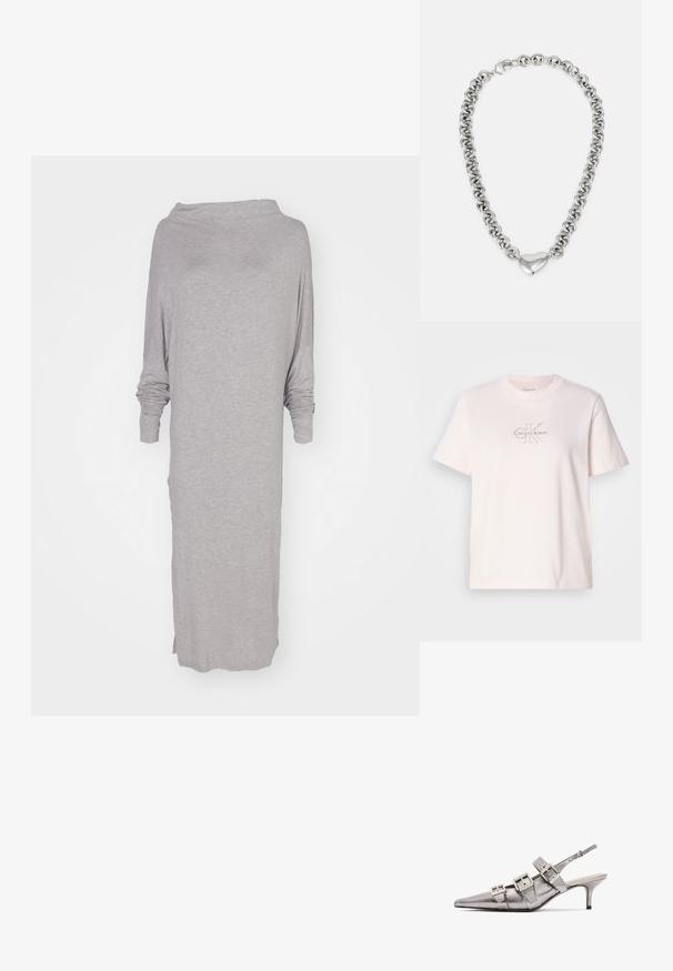 Šviesiai pilka, ilgos rankovės suknelė, pagaminta iš minkštos, tekstūruotos medžiagos. Turi plačią iškirptę ir šoninius šlinus, užtikrinančius patogumą ir judėjimo laisvę.; Šviesiai rožinis medvilninis marškinėliai su apvalia apykakle, su sidabriniu siuvinėtų "Calvin Klein" logotipu ir subtiliu "CK" dizainu ant krūtinės.; Metalinis sidabro spalvos slingback kulnas su smailiu pirštu, turintis tris plačias juosteles ir kvadratinius metalinius užsegimus. Blizgi tekstūra ir plonas kulnas.; Sidabrinė grandinėlė su sujungtais apvaliais žiedais ir poliruotu širdies formos akcentu centre. Įtraukta saugi užsegimo sistema.