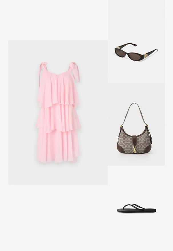 Rožinė šifono suknelė su sluoksniuotomis volanėlėmis, reguliuojamomis raištelėmis ir minkšta, lengva tekstūra. A formos siluetas krenta virš kelių.; Juodos šlepetės su tekstūruotu guminio pado, dviem siauromis dirželių ir subtiliu, įspaustu logotipo detalė ant dirželio.; Tortoise kiaurinių saulės akinių su pailgomis ovalo formos lęšiais, rudos spalvos atspalviu, auksinėmis logotipo detalėmis ant šakelių ir elegantiškais juodais rankenėlėmis.; COACH HAMPTONS HOBO BAG IN SIGNATURE JACQUARD - Rankinė - oak maple