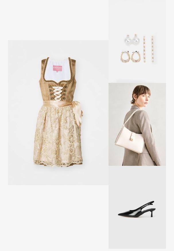 Robe dirndl beige avec corsage ajusté, devant lacé, boutons décoratifs et jupe crème ornée de broderies florales et d'un ruban.; Escarpins à talons slingback en cuir verni noir avec un bout pointu, un talon fin et une sangle réglable. Texture lisse avec un détail minimal.; Sac à main en cuir blanc au design structuré, doté d'un fermoir magnétique et d'une bandoulière, présenté sur un fond neutre.; Trois paires de boucles d'oreilles : de grandes perles blanches en boutons, des créoles en or avec des pierres claires, et deux longues boucles d'oreilles droites en or avec des détails scintillants.