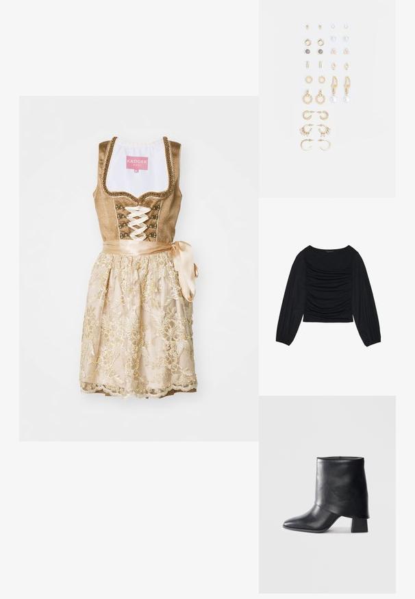 Tan dirndl dress featuring a fitted bodice with lace-up front, decorative buttons, and a cream-colored skirt with floral embroidery and ribbon.; Black long-sleeve top featuring gathered fabric detail at the front and wrists, made of soft, stretchy material with a boat neckline.; Black leather ankle boot with a pointed toe, smooth texture, and a structured block heel. Features a high, folded cuff design.; Set of gold-tone earrings featuring various designs, including studs, hoops, and dangling pieces with pearls and rhinestones.