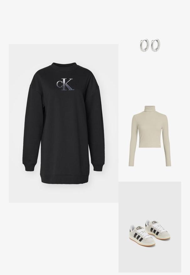 Črna majica s kapuco iz mehkega materiala, z okroglim izrezom, oversized krojem in vezenim "CK" logotipom v sivi in beli barvi na sprednji strani.; Svetlo bež rebrast turtleneck dolg rokav top z oprijetim dizajnom in visokim ovratnikom. Ima subtilno oznako logotipa na robu. Gladka tekstura.; Sive športne čevlje iz semiša z belimi vezalkami, črnimi črtami in belim gumijastim podplatom. Imajo okroglo oznako na ježku in podplat iz gume.; Srebrni obročasti uhani s poliranim finišom, ki se ponašajo s krožno zasnovo in brezšivnimi tečaji ter gladko teksturo.