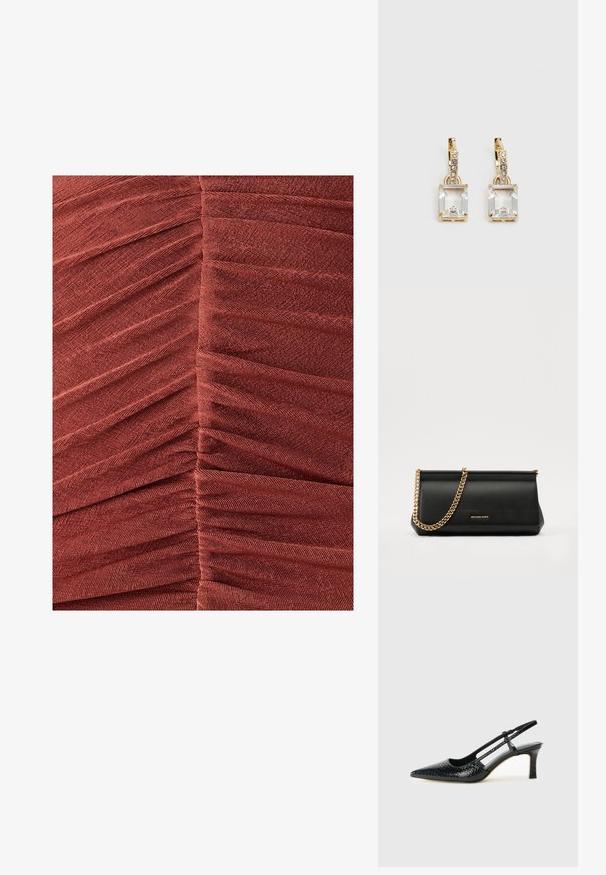 Ruched fabric dress in deep rust color, showcasing horizontal pleats and a textured finish, emphasizing a body-hugging silhouette.; Black patent slingback heel with a pointed toe, featuring textured snake print, adjustable strap, and a short, textured block heel.; Black leather clutch bag with a gold chain strap, featuring a smooth texture, rectangular shape, and embossed branding on the front.; Gold-tone earrings featuring a rectangular, clear crystal dangling below a row of small, round clear accents. Sleek, modern design.