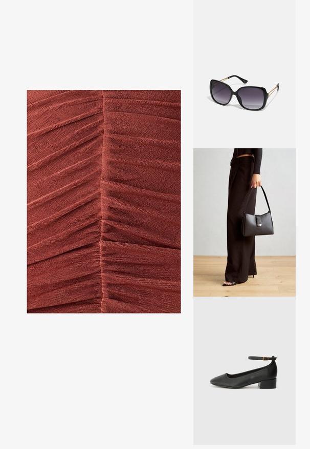 Rikkadest kangast kleit sügavas roostes värviks, millel on horisontaalsed voldid ja tekstuuriline viimistlus, rõhutades keha järgivat siluetti.; Must mustaapp, millel on terav nina ja madal blokk-kand. Omab pahkluu rihma koos kuldse tooni pandlaga. Sile tekstuur.; Mustad ümarad päikeseglaasid, millel on gradient objektiivid, paksud raamid ja kuldse tooni kettaga kaunistused tempelitel.; Must musta kott, millel on struktureeritud kuju, sile tekstuur ja metallist klamber. Kombineeritud laiate mustade pükstega ja avatud varvaste sandaalidega puidust põrandal.