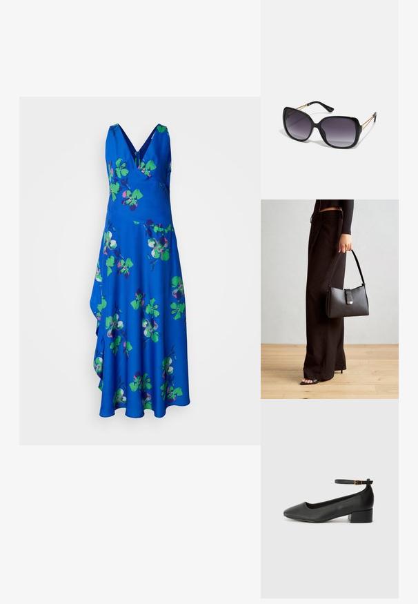 Sinine ilma varrukateta kleit V-kaelusega, millel on roheliste ja lillade lillede muster. Voogav seelik, millel on ebatasane serv.; Must mustaapp, millel on terav nina ja madal blokk-kand. Omab pahkluu rihma koos kuldse tooni pandlaga. Sile tekstuur.; Mustad ümarad päikeseglaasid, millel on gradient objektiivid, paksud raamid ja kuldse tooni kettaga kaunistused tempelitel.; Must musta kott, millel on struktureeritud kuju, sile tekstuur ja metallist klamber. Kombineeritud laiate mustade pükstega ja avatud varvaste sandaalidega puidust põrandal.