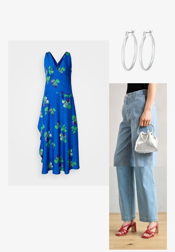 Modré bezramínkové šaty s V-výstřihem, zdobené květinovým vzorem v zelené a fialové barvě. Splývavá sukně s asymetrickým lemem.; Červené sandály na podpatku s uzlovými popruhy a otevřenou špičkou. Hranatý tvar špičky a robustní blokový podpatek. Nosené s širokými džíny světle modré barvy.; Metalická stříbrná kabelka typu bucket s texturovaným povrchem, zdobená stříbrným kulatým úchytem a stahovací šňůrkou, držena proti světlým modrým džínům.; Stříbrné kruhové náušnice s hladkým, lesklým povrchem. Kulatý tvar a bezpečné zapínání na klip. Lehký design vhodný pro každodenní nošení.