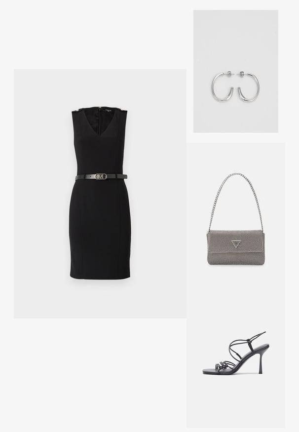 Crna pripijena haljina s V-izrezom, bez rukava, s zlatnim akcentima na ramenima i zategnutim crnim remenom s metalnom kopčom.; Crne sandale na visokoj potpetici imaju tanke trake s čvorastim dizajnom, glatki kvadratni vrh i elegantnu stiletto petu.; Svijetlosivi metalik ruksač s lancem, ukrašen malim okruglim metalnim zakovicama i trokutastim logotipom marke.; Srebrne naušnice u obliku obruča sa glatkom, sjajnom površinom, zakrivljenog oblika i zatvaranjem na čep. Minimalistički dizajn s modernim završetkom.